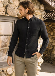 person wearing hiroshi kato mens The Ripper Double Gauze Shirt in Black