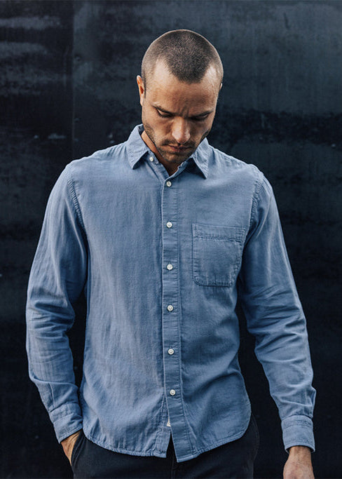 person wearing hiroshi kato mens The Ripper Double Gauze Shirt in Matte Blue