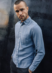 person wearing hiroshi kato mens The Ripper Double Gauze Shirt in Matte Blue