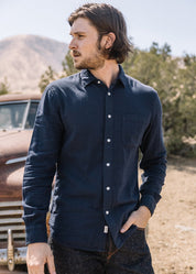 person wearing hiroshi kato mens The Ripper Double Gauze Shirt in Navy