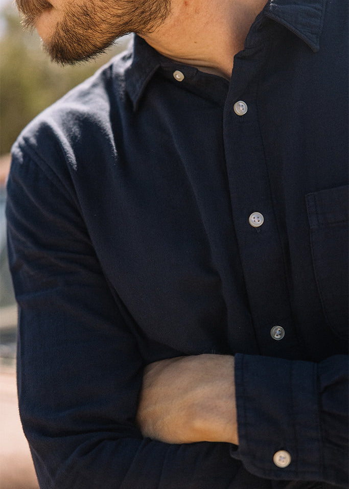 person wearing hiroshi kato mens The Ripper Double Gauze Shirt in Navy