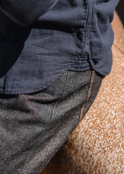 person wearing hiroshi kato mens The Ripper Double Gauze Shirt in Navy
