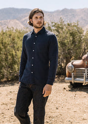 person wearing hiroshi kato mens The Ripper Double Gauze Shirt in Navy