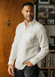 person wearing hiroshi kato mens The Ripper Double Gauze Shirt in White