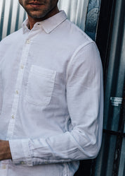 person wearing hiroshi kato mens The Ripper Double Gauze Shirt in White