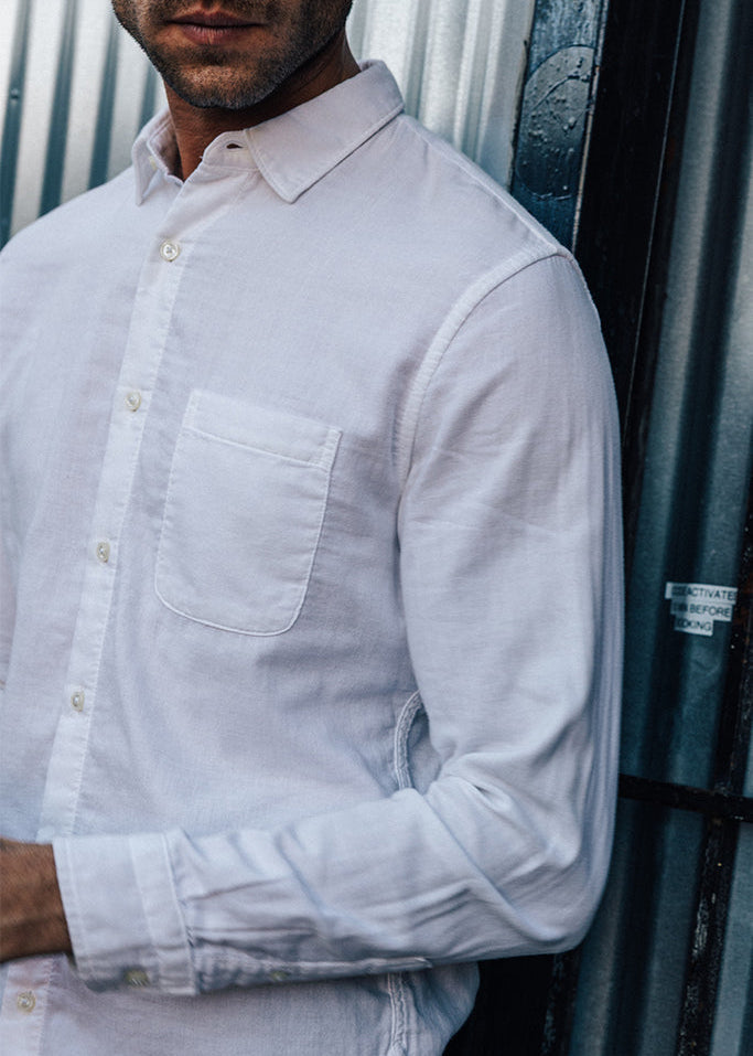 person wearing hiroshi kato mens The Ripper Double Gauze Shirt in White