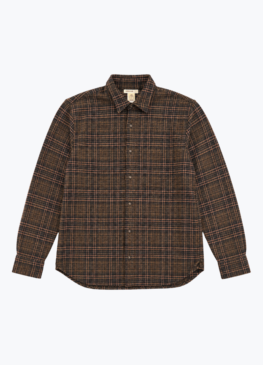 hiroshi kato mens The Ripper Triple Twisted Shirt in Heritage Brown Plaid
