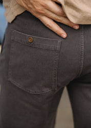 person wearing hiroshi kato mens The Scout 8" Denit® Fatigue Shorts in Iron Gray