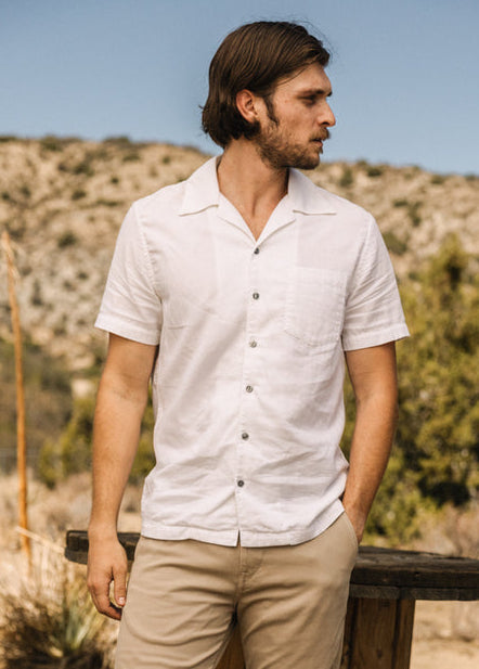 person wearing hiroshi kato mens The Wrench Double Gauze Organic Cotton Shirt white