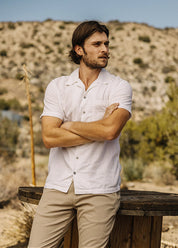 person wearing hiroshi kato mens The Wrench Double Gauze Organic Cotton Shirt white