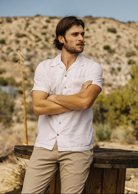 person wearing hiroshi kato mens The Wrench Double Gauze Organic Cotton Shirt white
