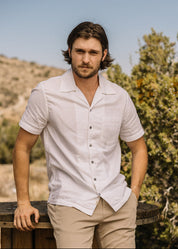 person wearing hiroshi kato mens The Wrench Double Gauze Organic Cotton Shirt white