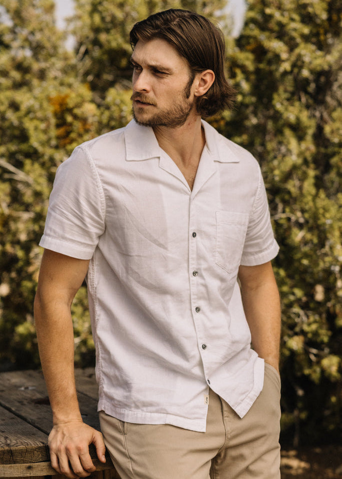 person wearing hiroshi kato mens The Wrench Double Gauze Organic Cotton Shirt white