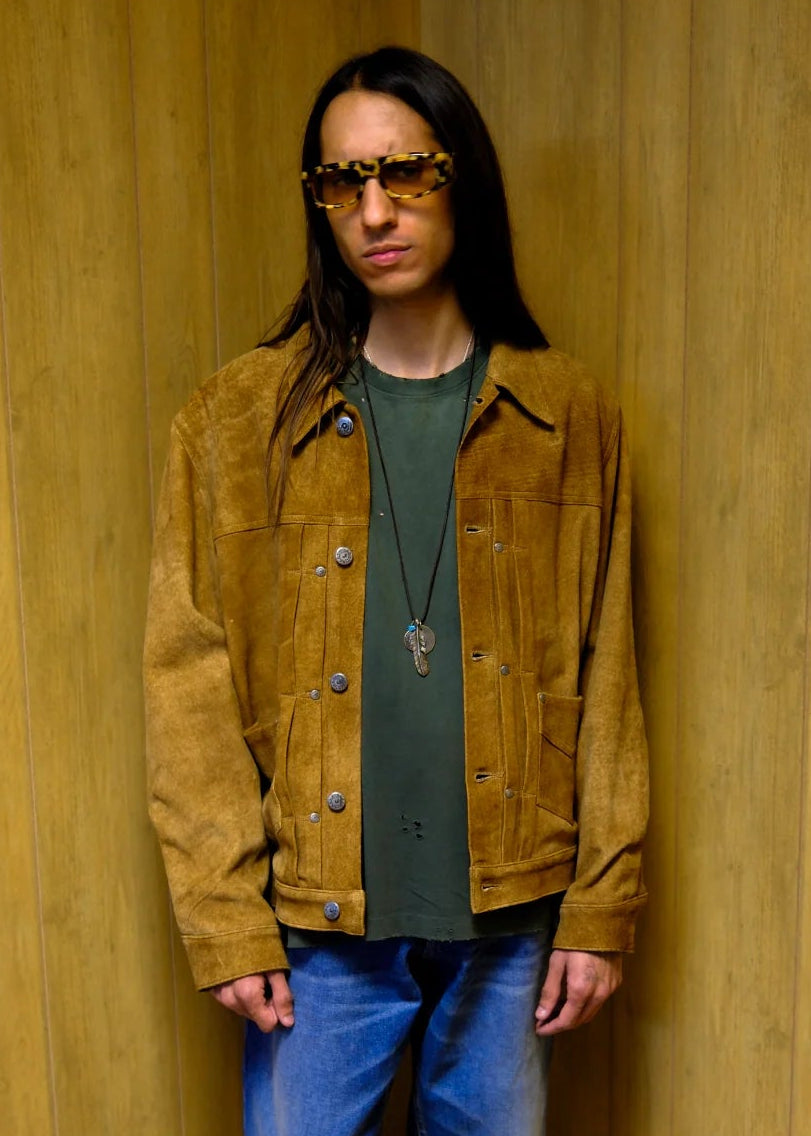 person wearing hollywood forever records mens Brown Suede Lennon Jacket
