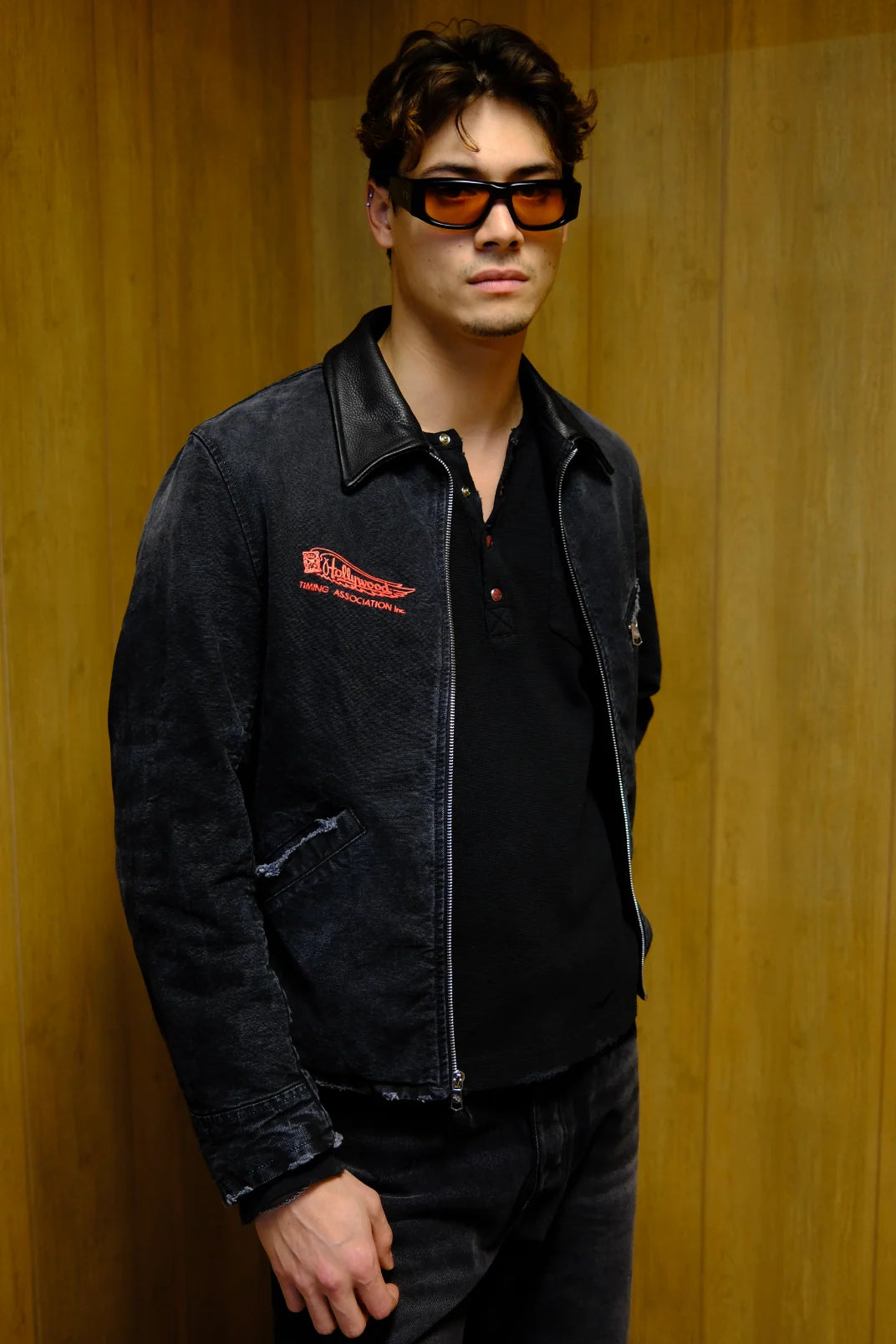 person wearing hollywood forever records mens Pitcrew Jacket in Black