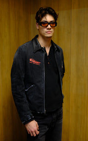 person wearing hollywood forever records mens Pitcrew Jacket in Black