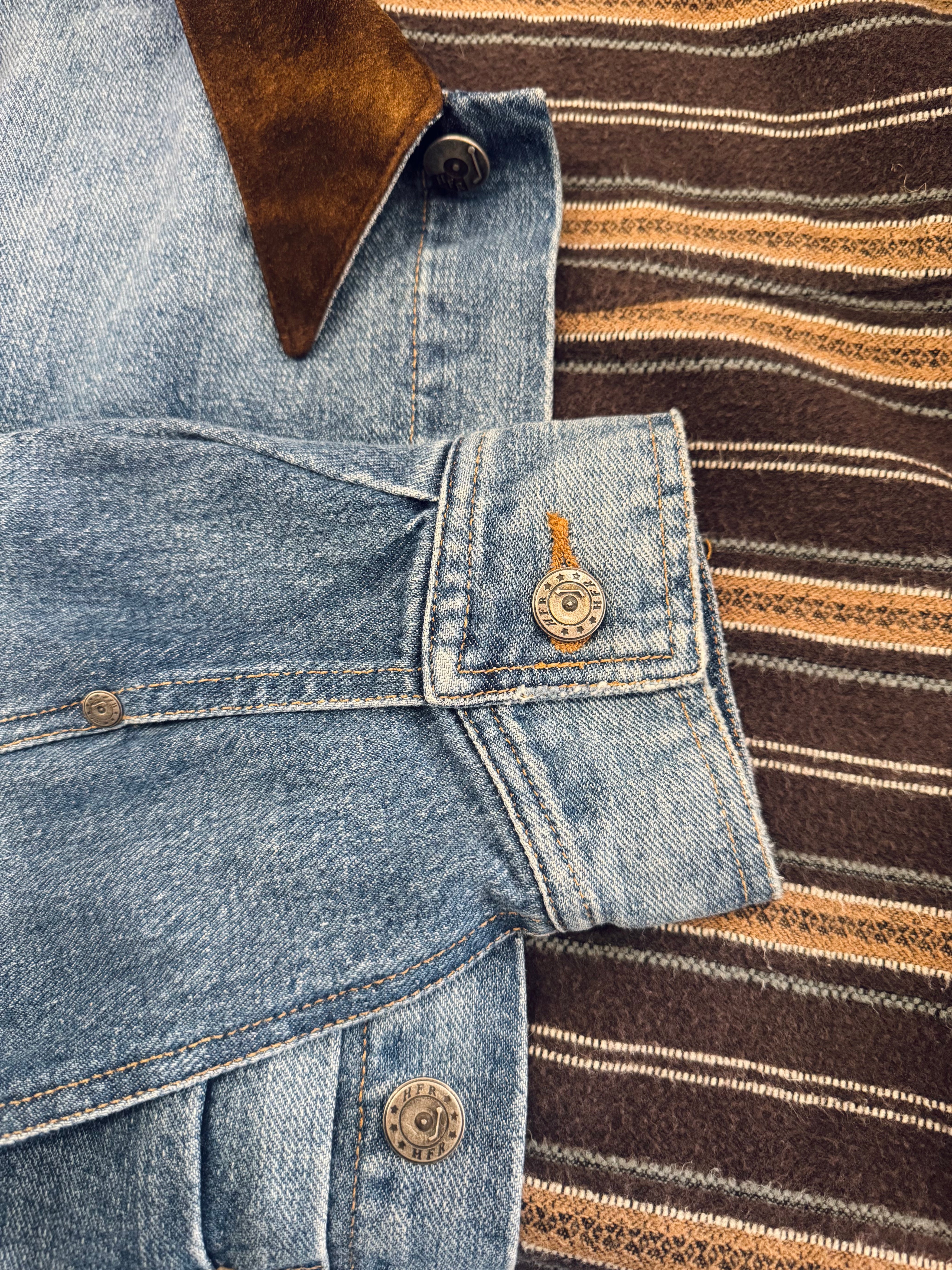 hollywood forever records mens unisex Lennon Blanket Lined Denim Jacket brown suede collar