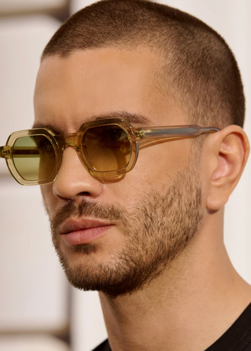 person wearing jimmy fairly paris unisex sunglasses The Darren in Yellow transparent