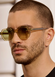 person wearing jimmy fairly paris unisex sunglasses The Darren in Yellow transparent