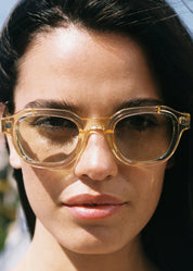 person wearing jimmy fairly paris unisex sunglasses The Napoli in Crystal Yellow