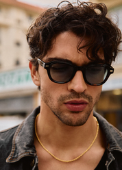 person wearing jimmy fairly unisex sunglasses The Napoli in Dark Tortoise