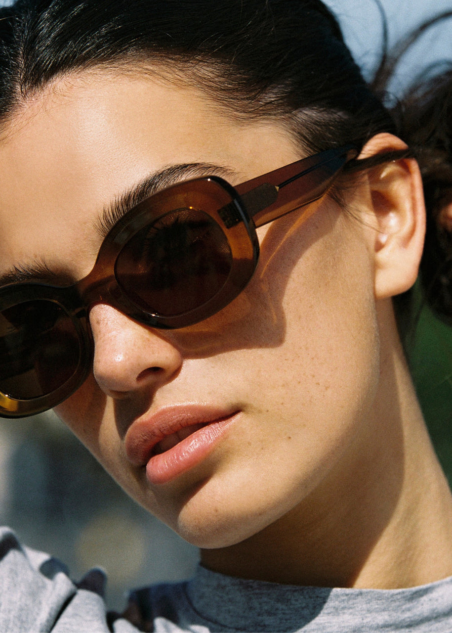 person wearing jimmy fairly womens sunlasses The Cinnamon in Caramel Crystal