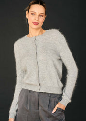 person wearing jumper1234 womens Brushed Cashmere Cardigan in Grey pearl