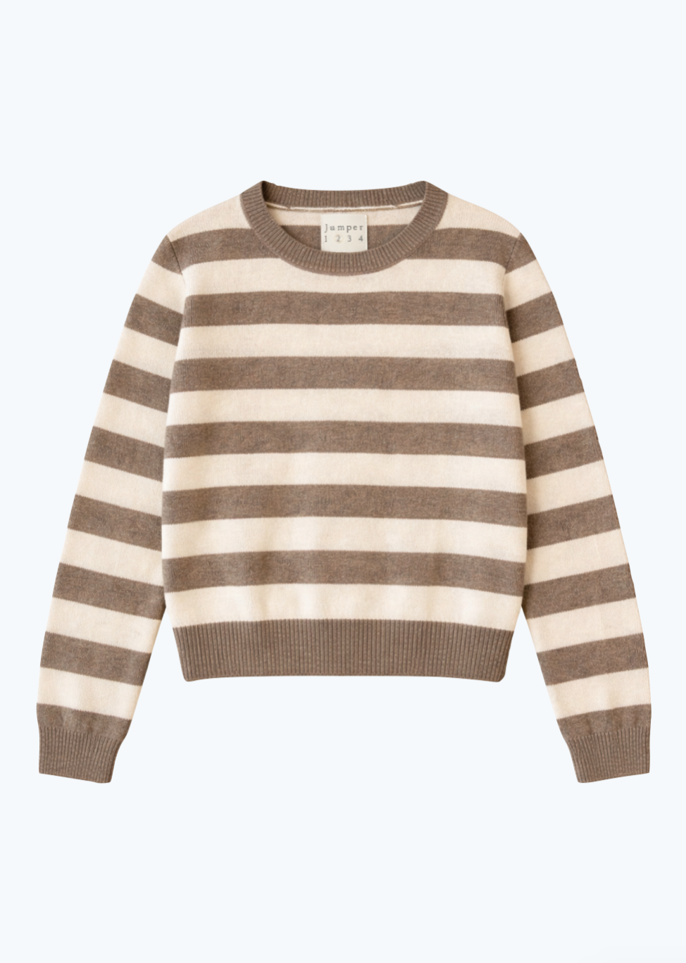 Cashmere Stripe Crew Sweater in Light Brown & Cream