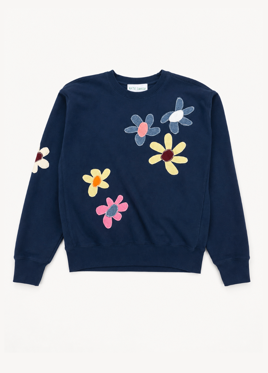 kate sando unisex womens One-of-a-Kind Scattered Flower Sweatshirt in Navy