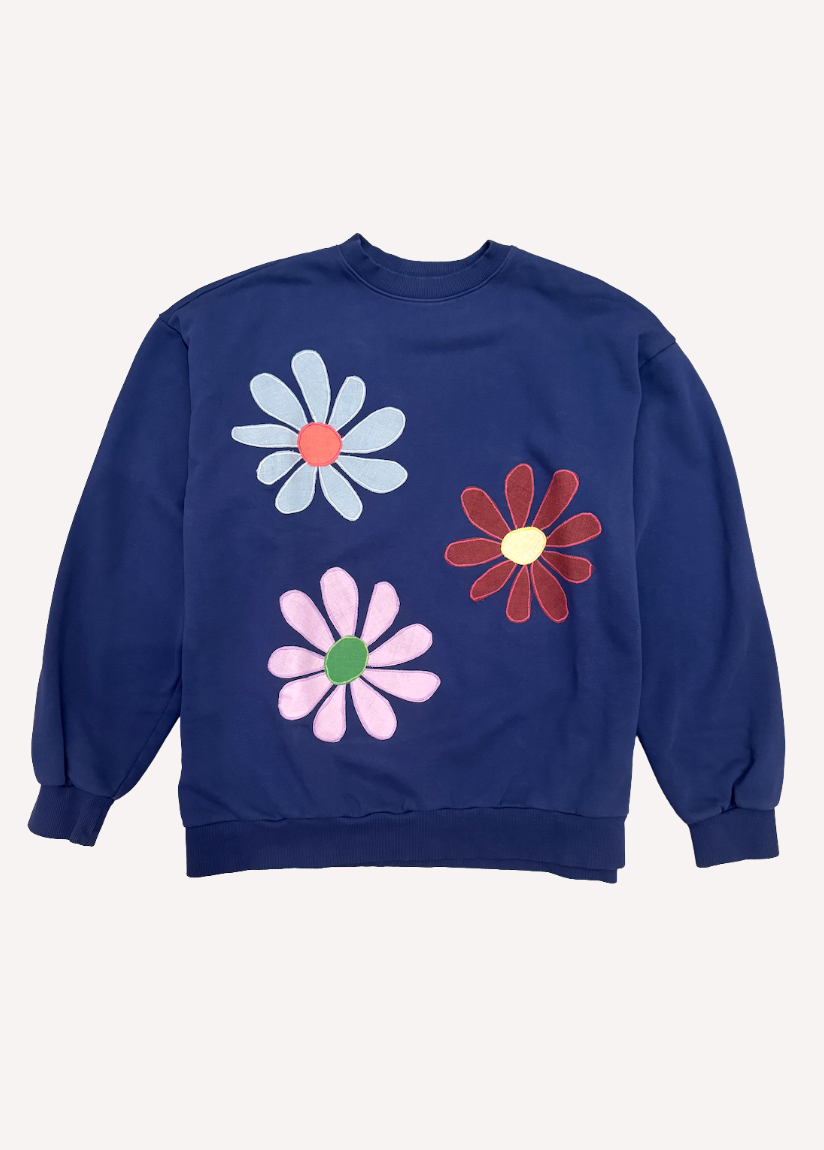 kate sando womens One-of-a-Kind Flower Burst Sweatshirt in Blue