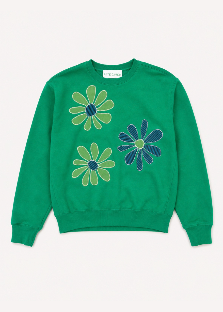 kate sando womens One-of-a-Kind Flower Burst Sweatshirt in Green