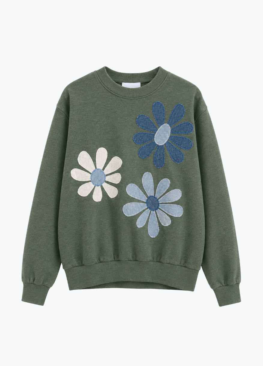 kate sando womens One-of-a-Kind Flower Burst Sweatshirt in Pine