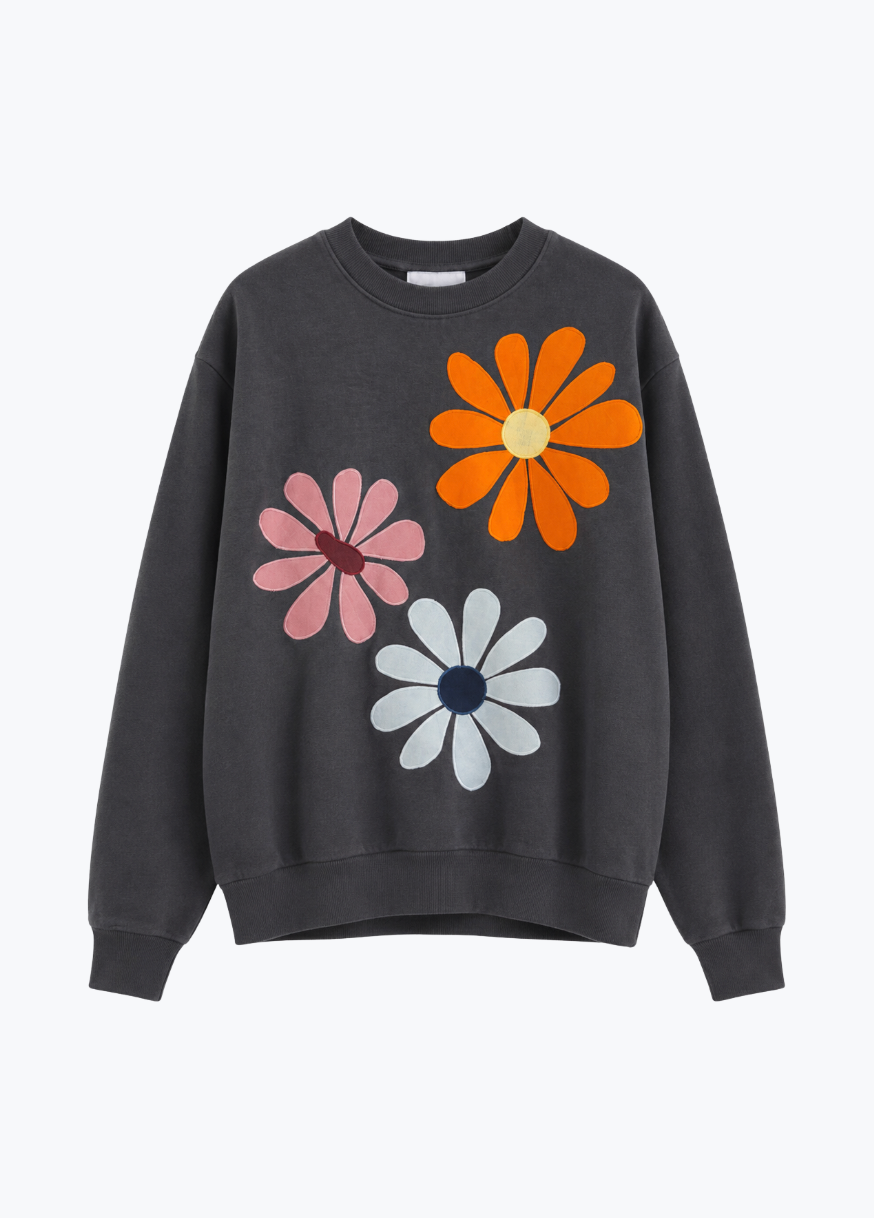kate sando womens One-of-a-Kind Flower Burst Sweatshirt in Washed Black