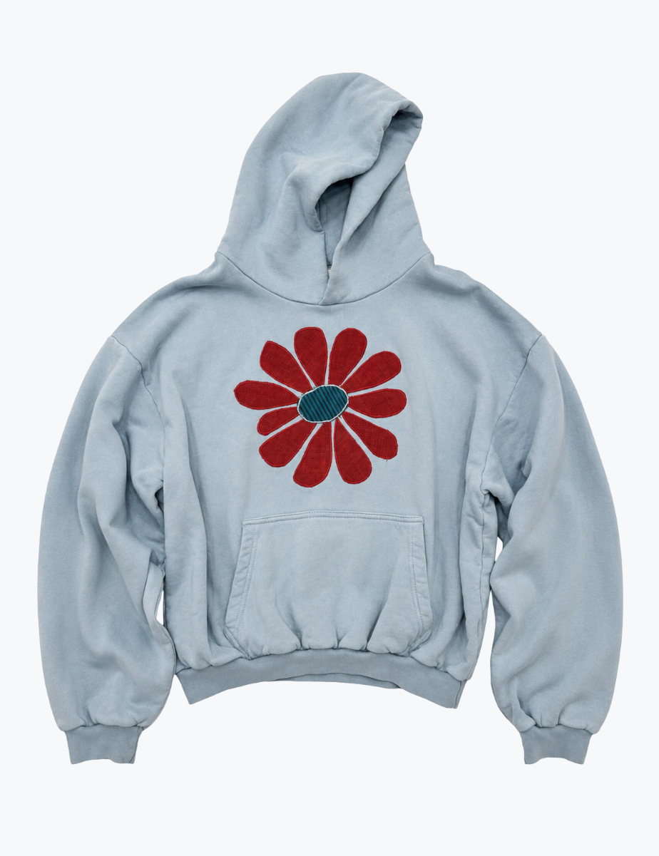 kate sando womens One-of-a-Kind Flower Hoodie in Light Blue