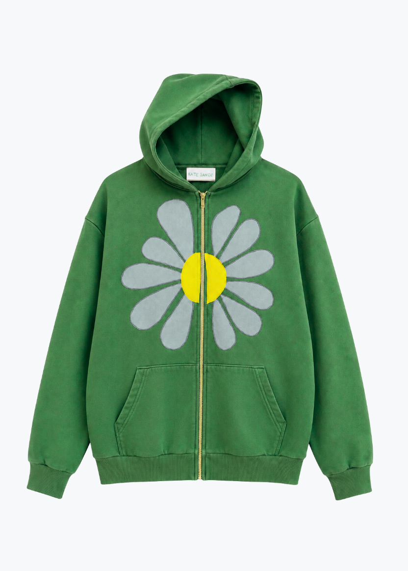 kate sando womens One-of-a-Kind Flower Zip-Up Hoodie in Grass Green
