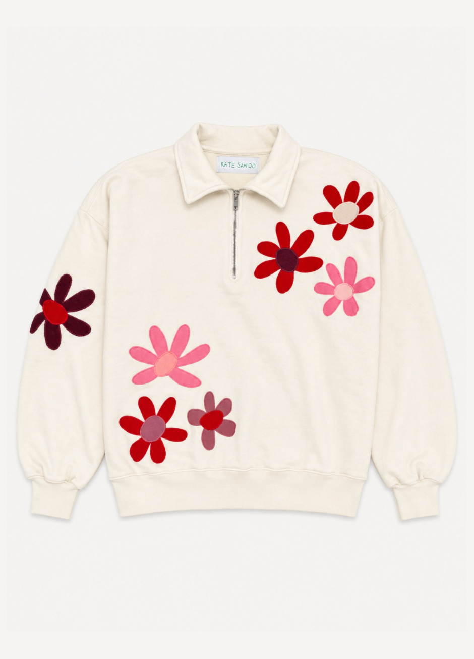 kate sando womens One-of-a-Kind Scattered Flower Quarter-Zip Sweatshirt in Ivory