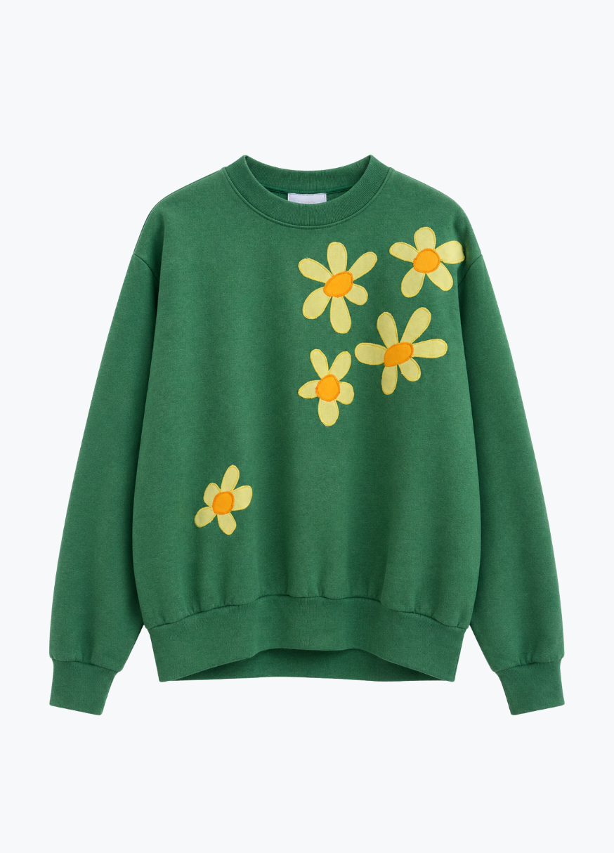 kate sando womens One-of-a-Kind Scattered Flower Sweatshirt in Kelly Green