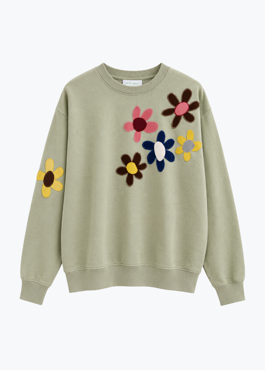 kate sando womens One-of-a-Kind Scattered Flower Sweatshirt in Sage Green