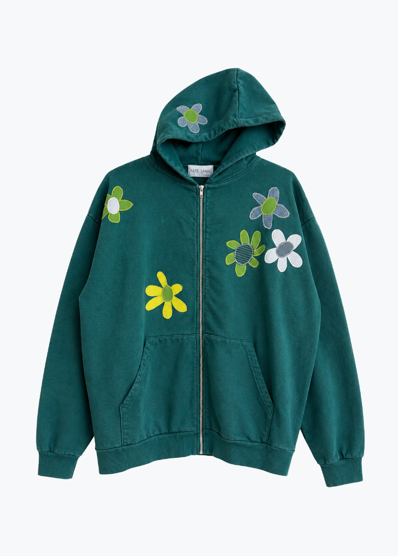 kate sando womens One-of-a-Kind Scattered Flower Zip-Up Hoodie in Evergreen