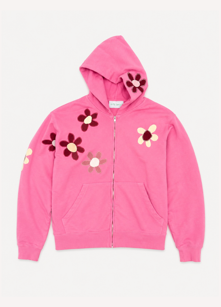 kate sando womens One-of-a-Kind Scattered Flower Zip-Up Hoodie in Pink