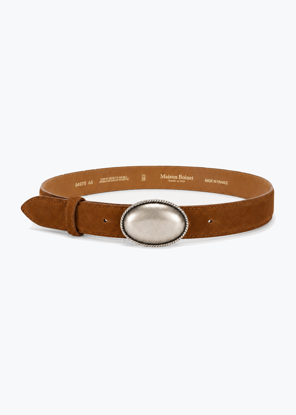 maison boinet womens Coralle Nubuck Leather Silver Buckle Belt in Havana tan