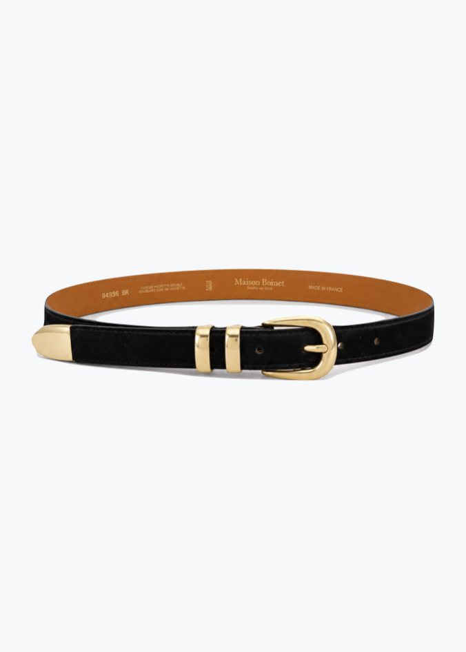 maison boinet womens Lorraine Nubuck Leather Brass Buckle Belt in Black