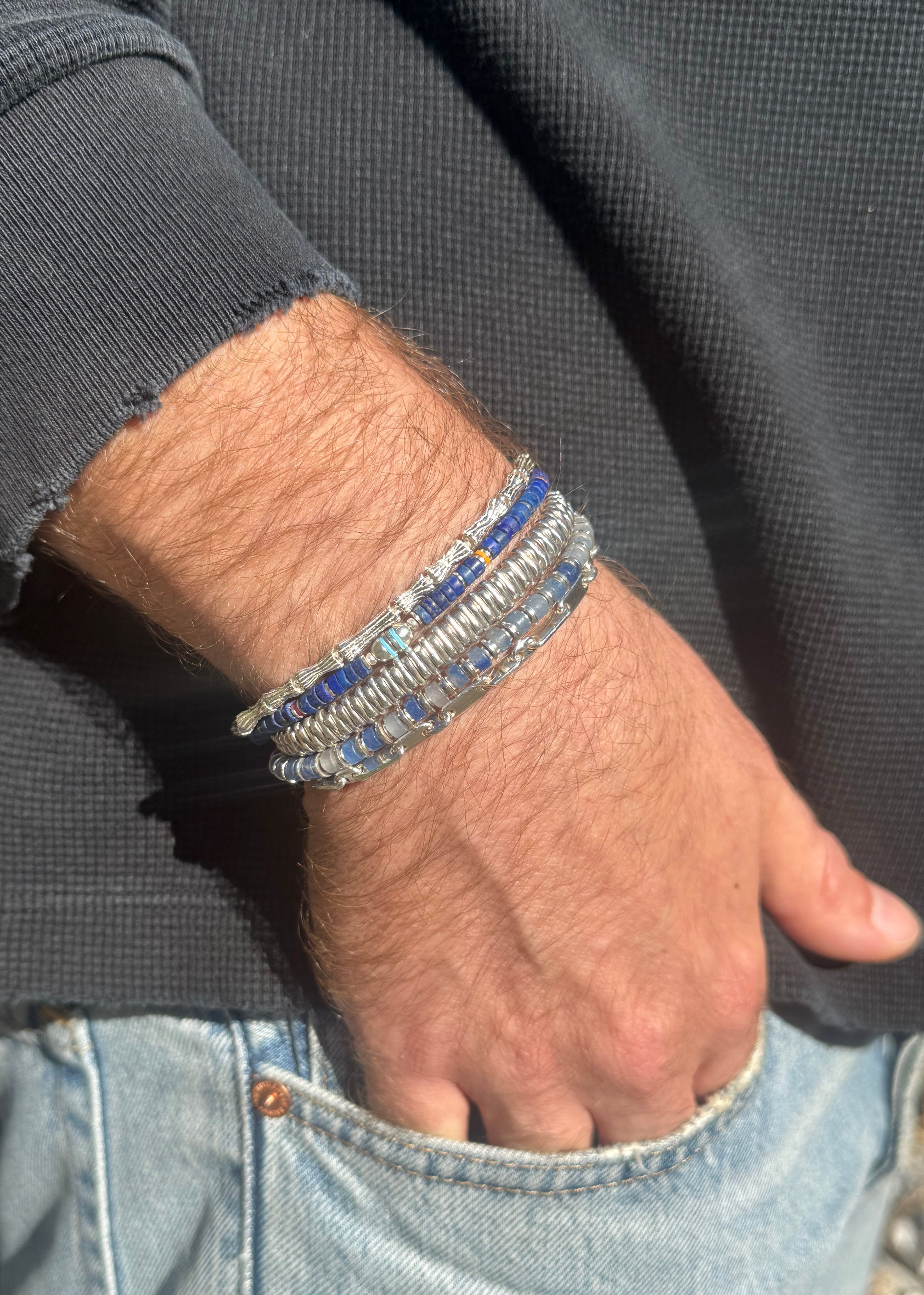 person wearing maor mens jewelry Lapis Cherish Bracelet in Silver timor bracelet zag braceletBlue Aventurine Sapet Bracelet in Silver