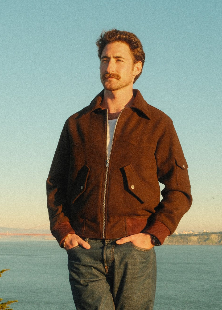 person wearing mens jackets and outerwear Hollywood Forever Records Western Wool Bomber Jacket