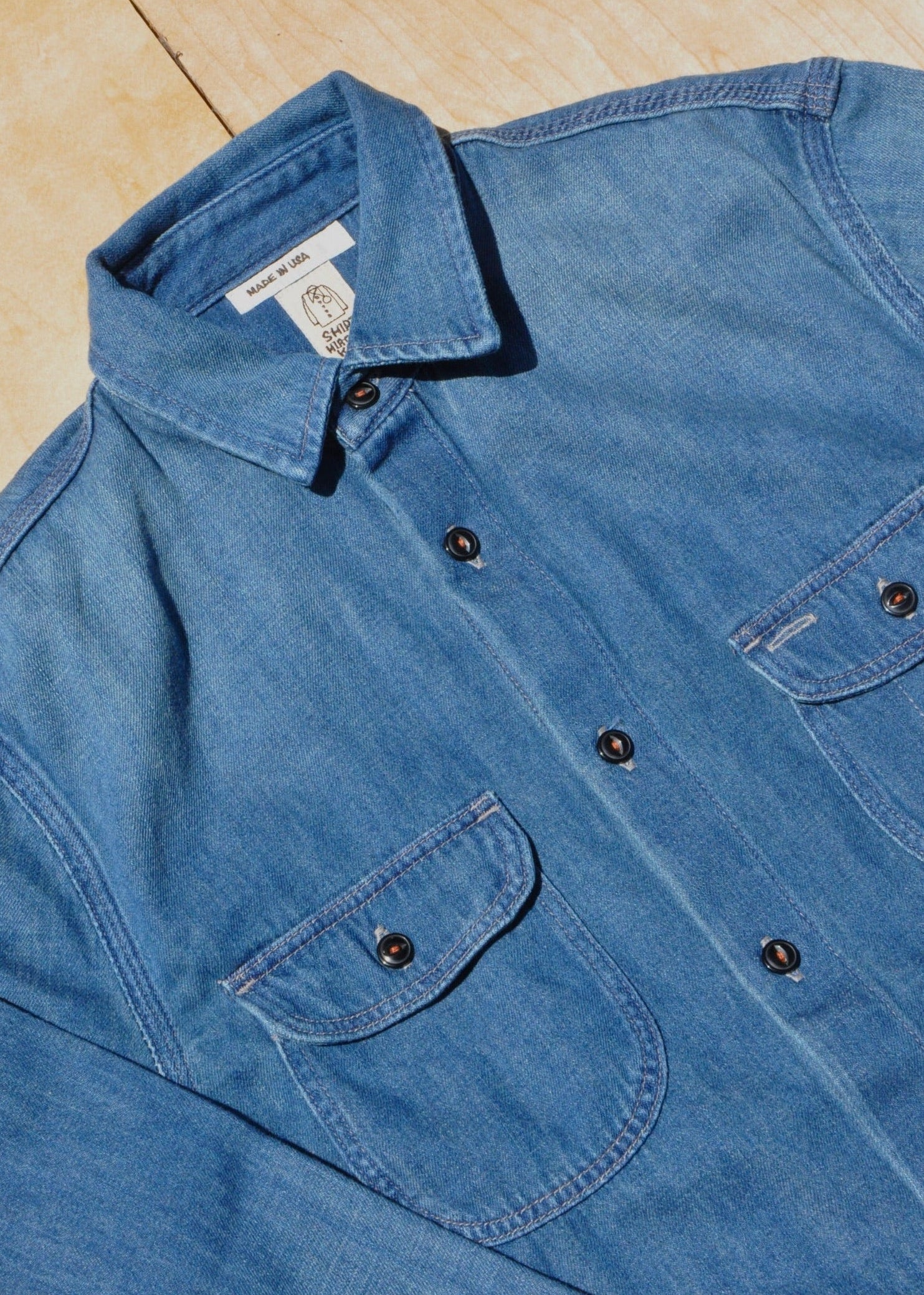 mens new arrivals hiroshi kato The Brace Shirt 7oz Denim Shirt in Craig Wash