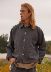 person wearing monostereo mens "Community of Lovers" Work Jacket in Washed Black and "Community of Lovers" Hemp Pants in Washed Black