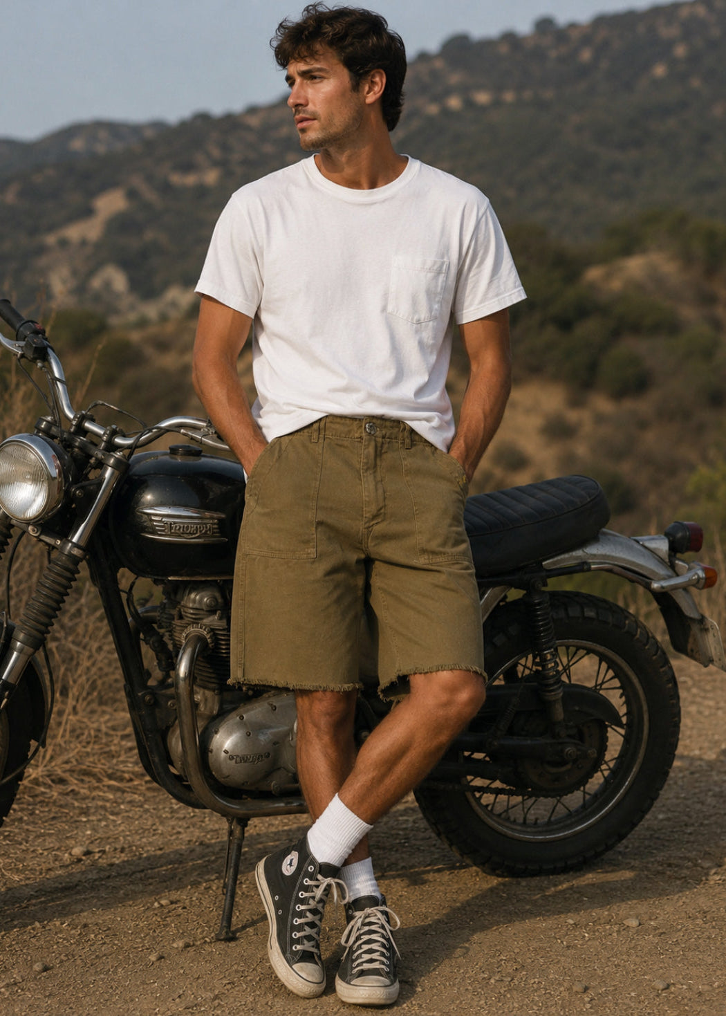 person wearing monostereo mens hemp cotton Lovers Cut Off Shorts olive mustard green