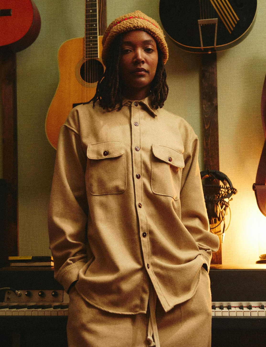 person wearing monostereo mens unisex Woolen Work Shirt in Tan