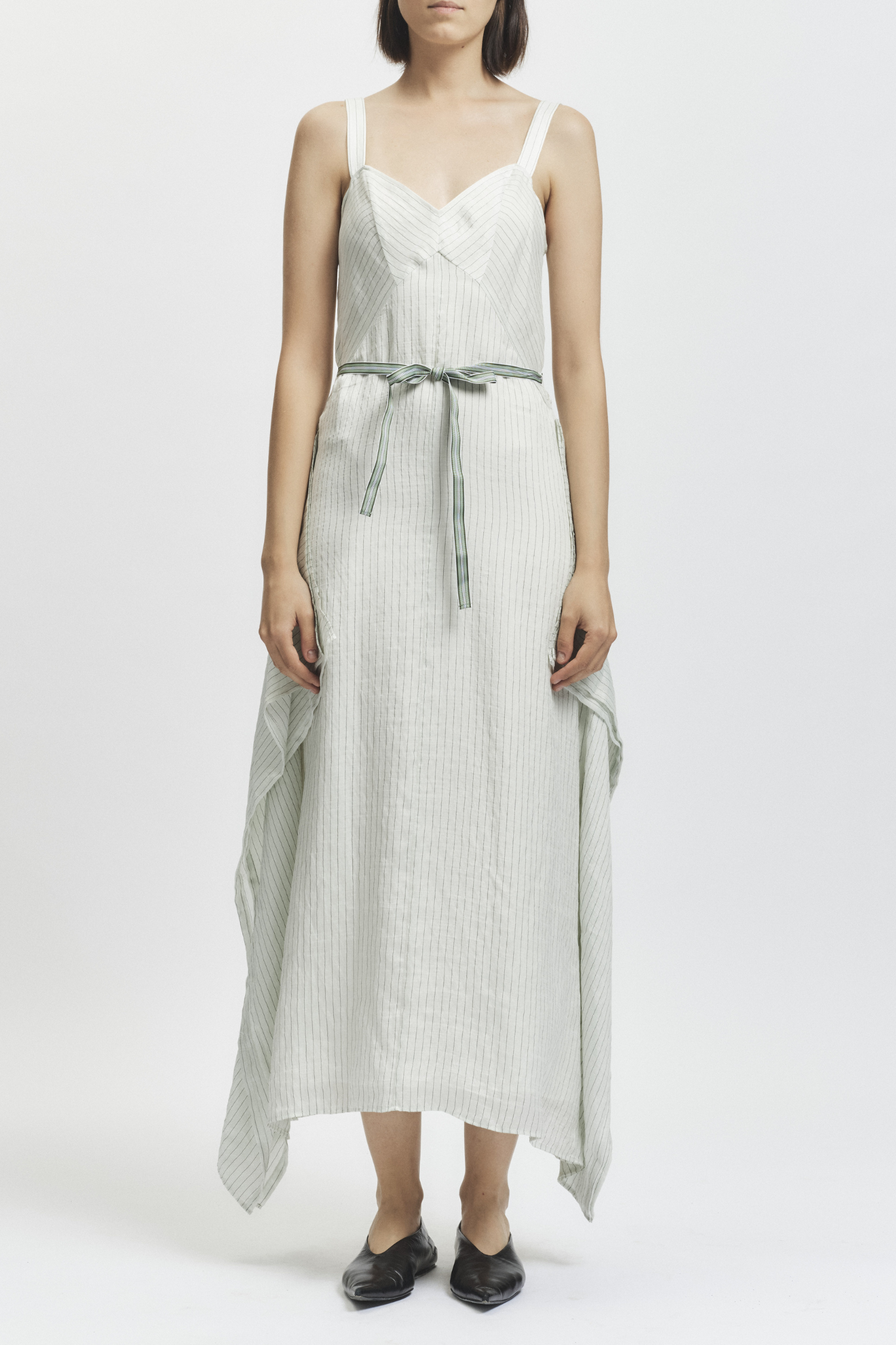 person wearing saint art womens Marin Pinstripe Dress in Mint
