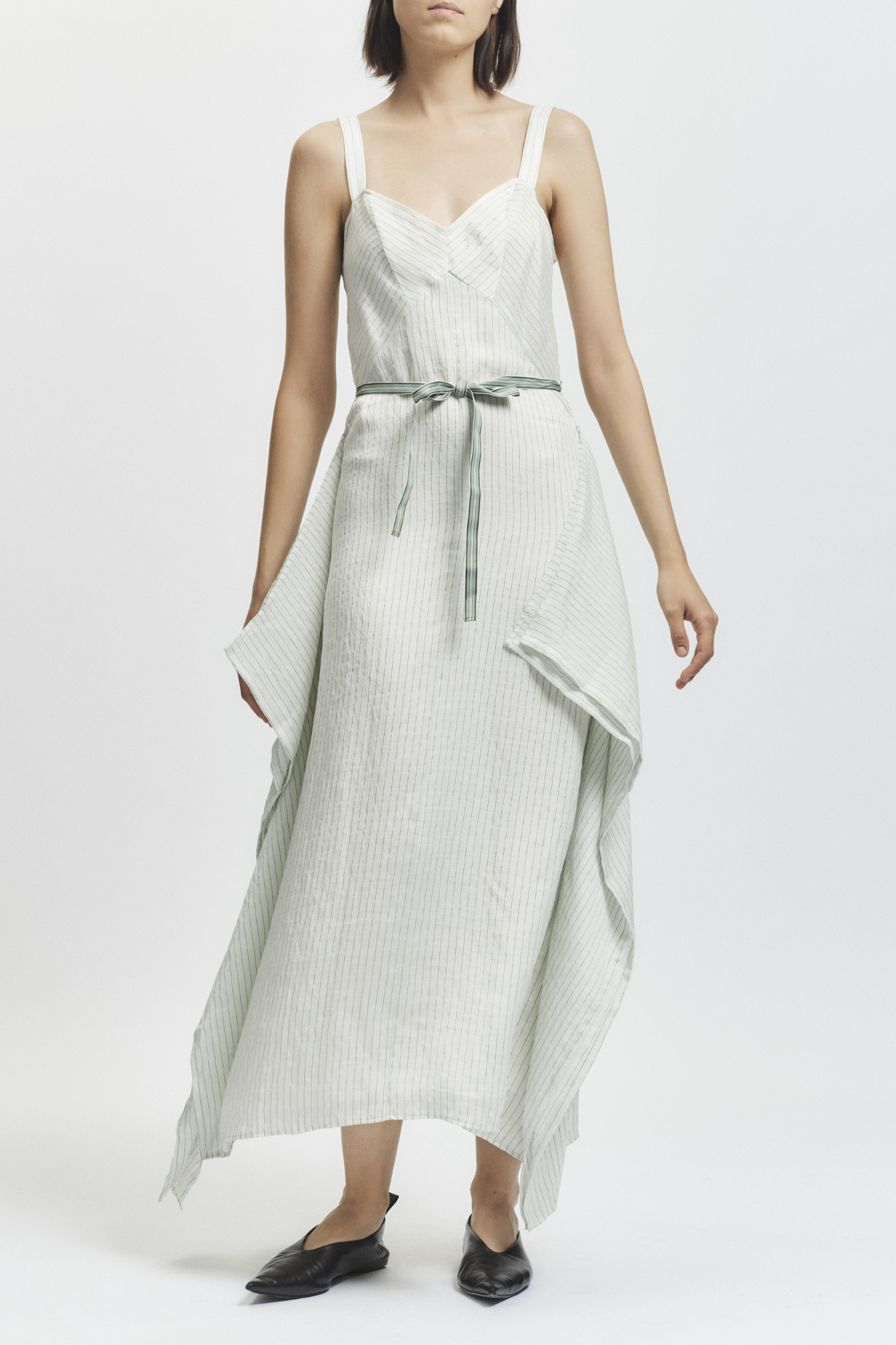 person wearing saint art womens Marin Pinstripe Dress in Mint